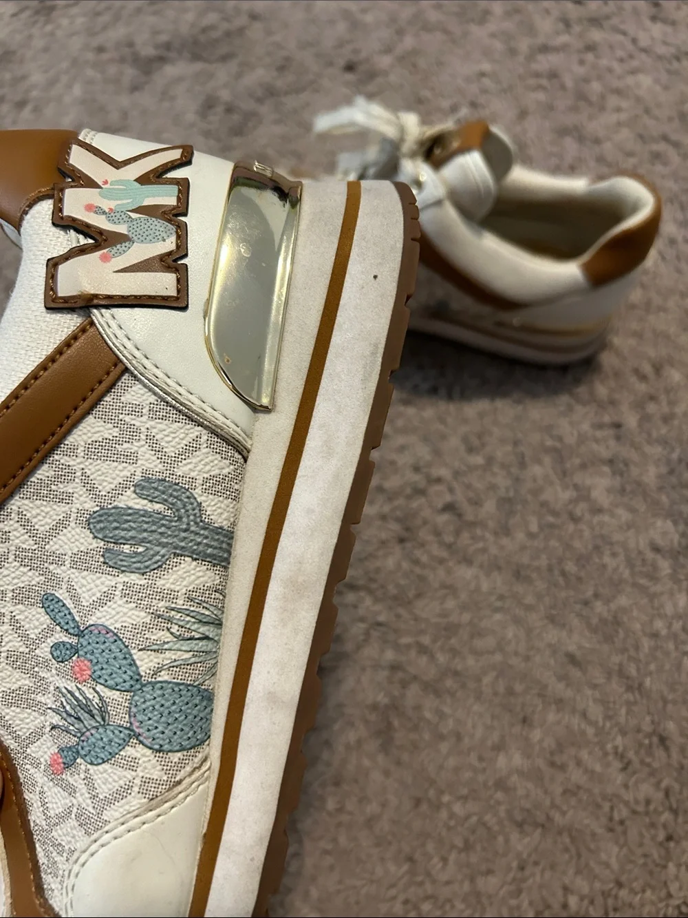 Michael Kors Cream & Brown Logo Sneakers with Floral Accents